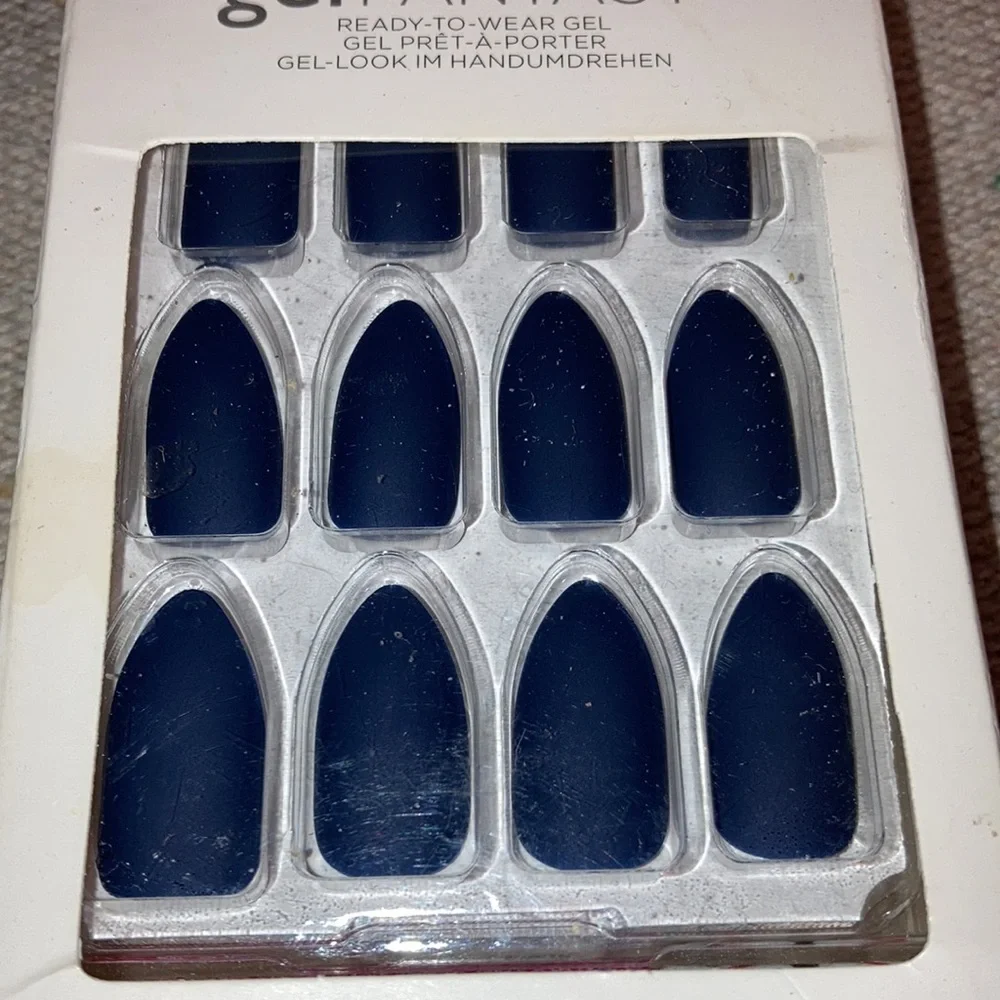 Dark Matte Blue Kiss Gel Fantasy Glue Press On Nails Coffin Halloween Set of 3